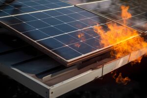 Solar panel fire, critical situation, photovoltaic installation close-up. Generative Ai